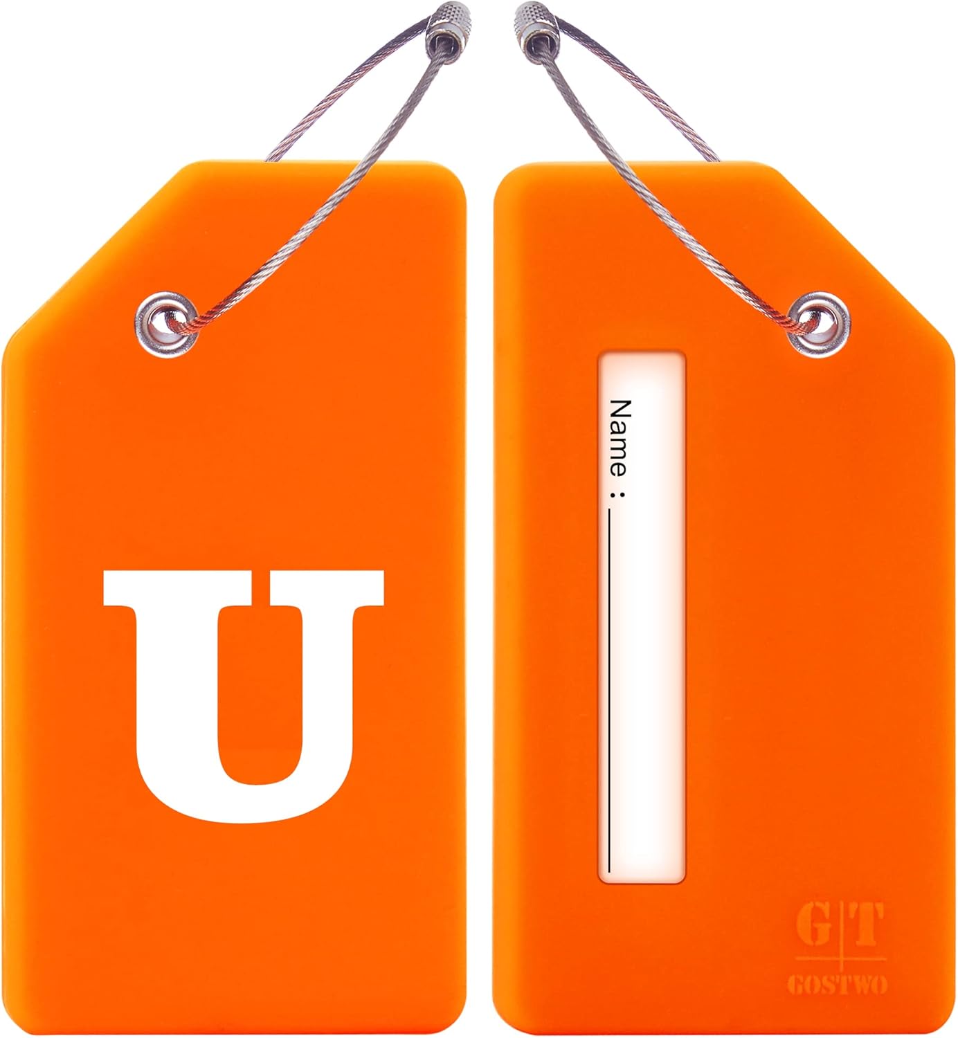 Gostwo 2 Pack Silicone Luggage Tags for Suitcases, 26 Initial Letter Baggage Labels Handbag School Bag Suitcase Instrument Tag with Stainless Steel Loop(Orange)(Letter U)