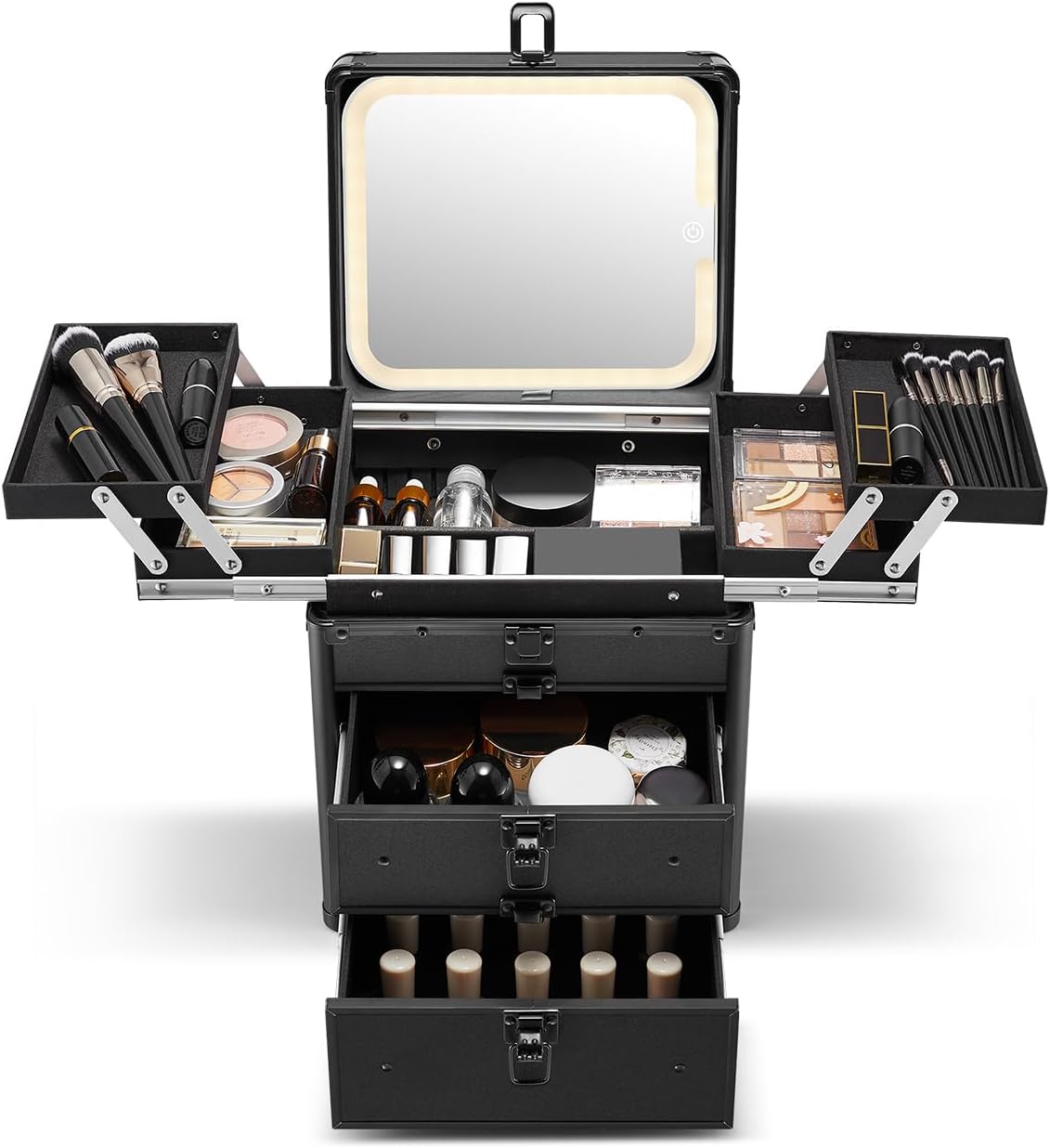 Qislee Makeup Box with Double Drawers and Four Trays, A Detachable Lighted Mirror, Waterproof Travel Train Case, Cosmetic Organizer and Makeup Suitcase with Magnetic LED Mirror(Black)
