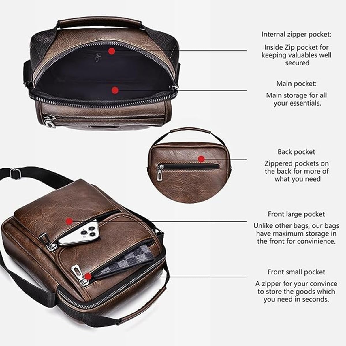 Zipper Buckle Leather Messenger Bag Vintage Handle Shoulder Crossbody Purse Genuine Leather for Daily Office Use