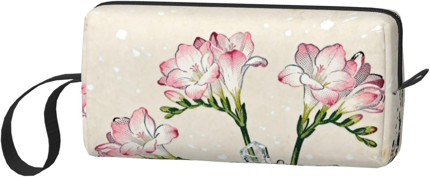 Pink Freesia Floral Makeup Bag Organizer Compact & Durable Flower Travel Cosmetic Bag Oxford Fabric Impact-Resistant Multi-Purpose Storage Perfect for Travel, Gym, Daily Use