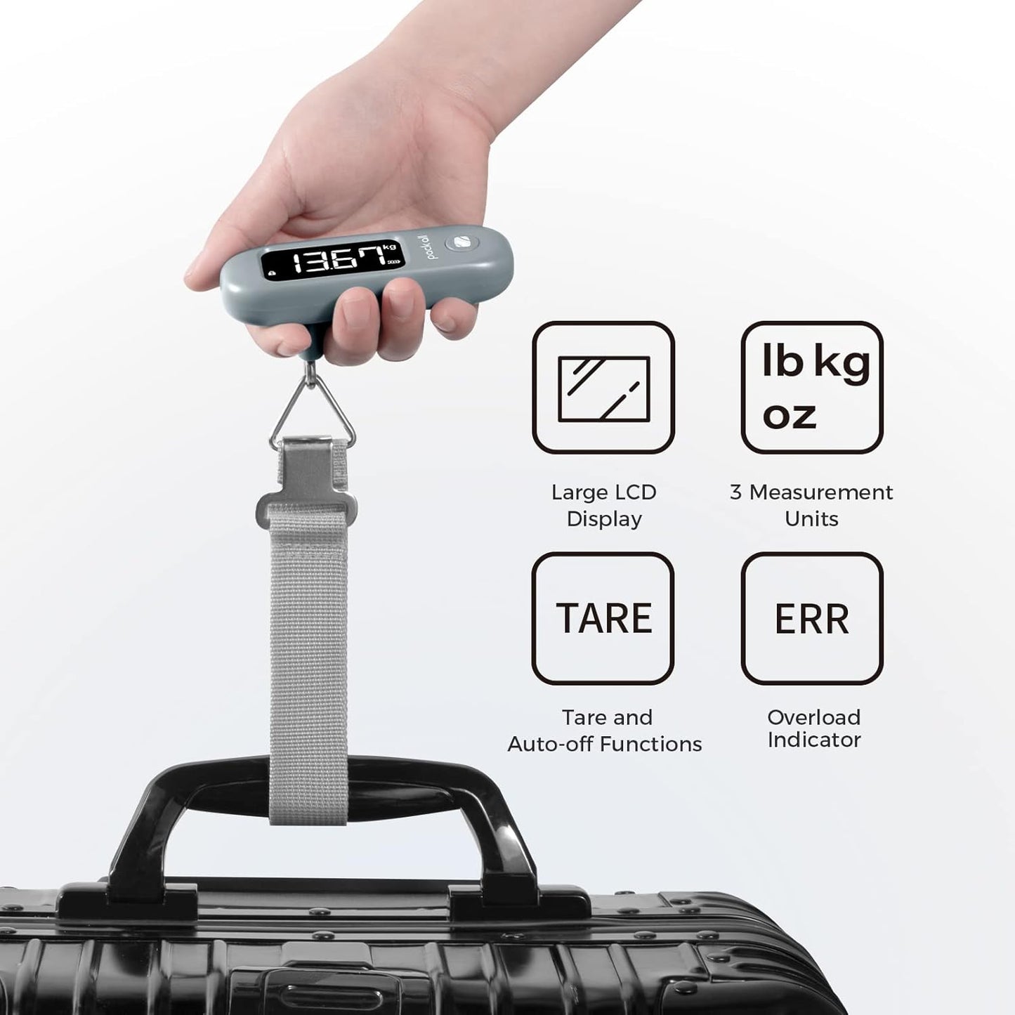 pack all 110 Lbs Luggage Scale, Digital Handheld Baggage Scale, Travel Suitcase Weight Scale with LCD Display, Battery Included, Rock Grey