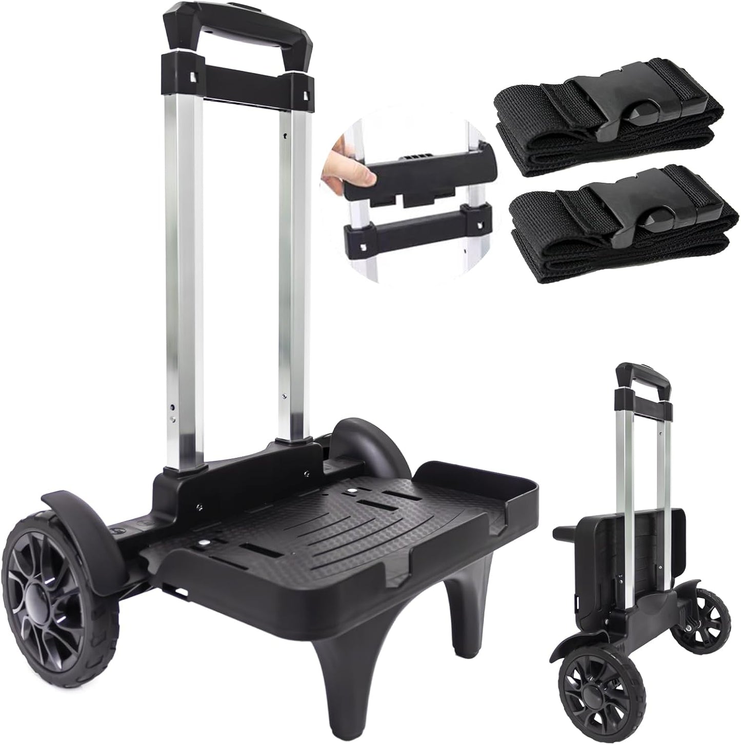 Folding Backpack Trolley with Large Solid Tank Wheels, Aluminum Alloy Luggage Cart with Edge Guard Base, Universal Hand Truck for Backpacks, Lunch Backpack,Golf Bag, Teenagers, Adults, School, Travel