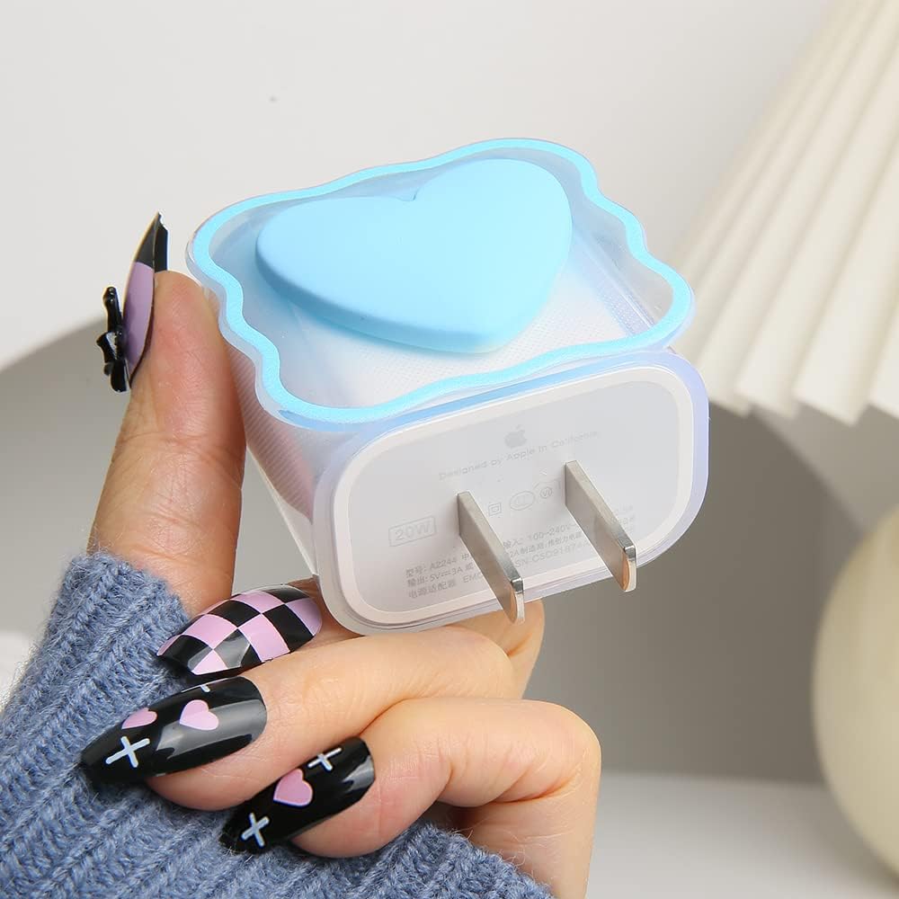 Compatible with iPhone 18W/20W USB-C Charger Cover Lovely 3D Love Heart Waves Clear Soft Charger Protector Cute Cable Saver for iPhone 11 12 13 14 Pro Max Fast Power Adapter, Blue 1 (5in1)