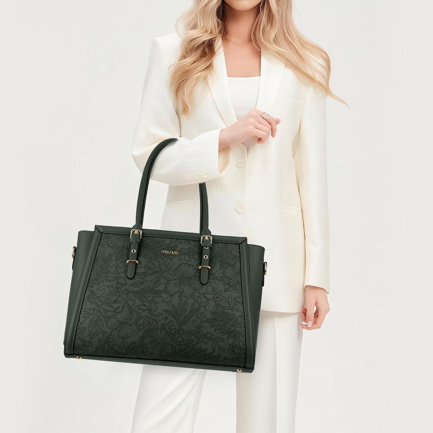 MOSISO Laptop Bag for Women, PU Leather Tote Bag, Front Embossed Retro Hibiscus Computer Bags with Silk Scarf&Clutch Purse