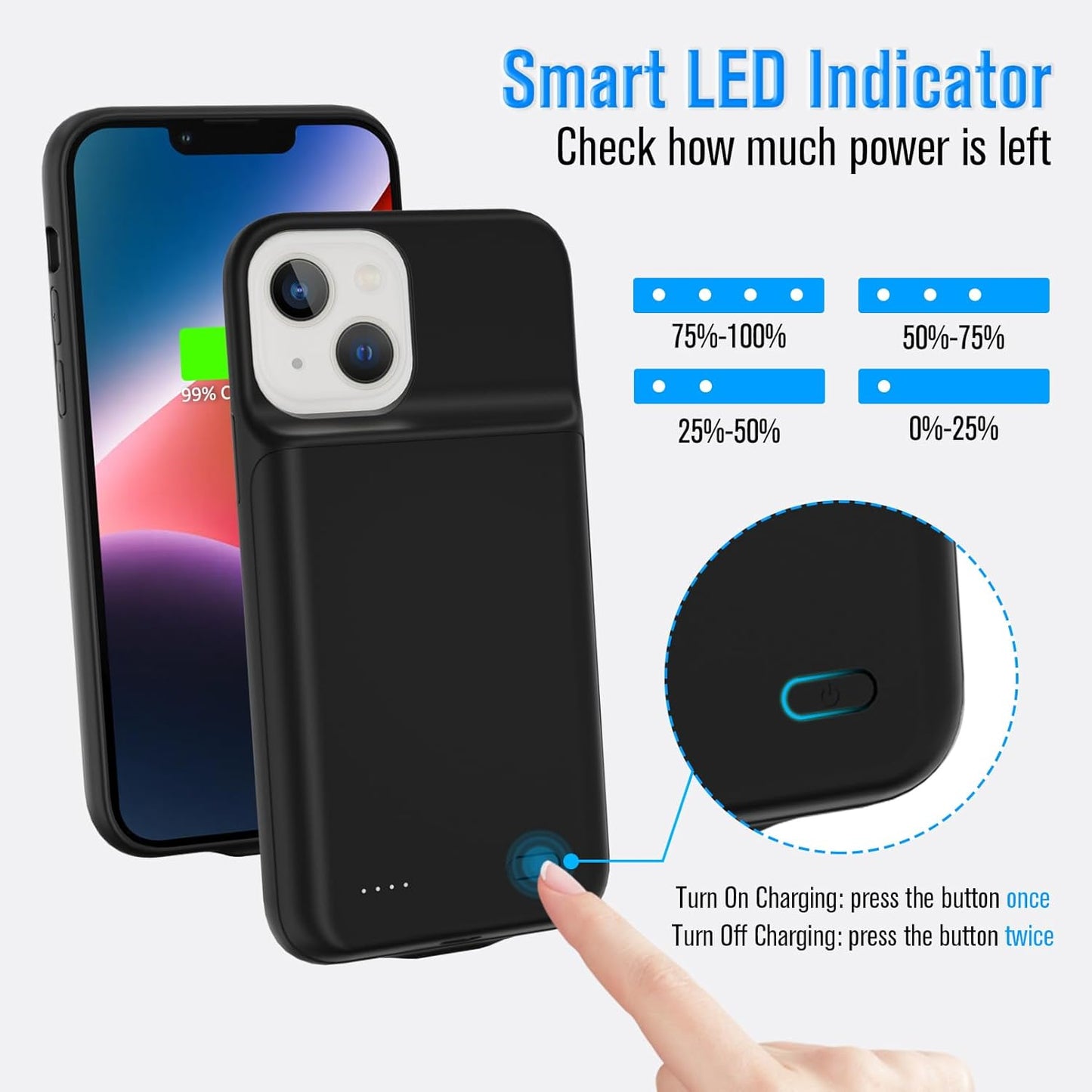 Gladgogo Charging Case for iPhone 14, Powerful 7000mAh Ultra Slim Smart Battery Case Charger Portable External Lightweight Rechargable Battery Pack Compatible with 14, 6.1 inch, Black