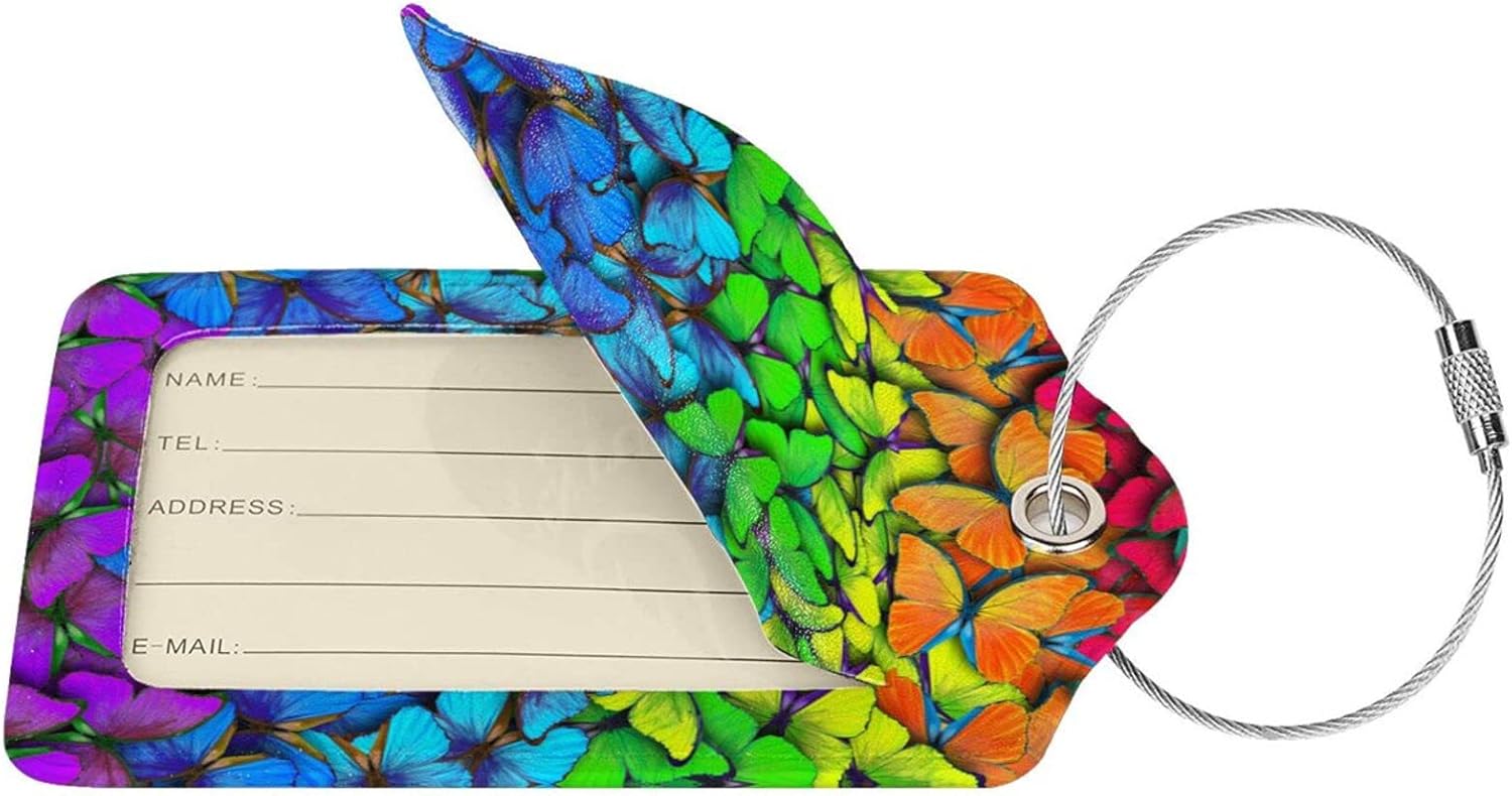 2 Pack Luggage Tag for Suitcases, Colorful Backpack Tag with Beautiful Butterflies Pattern Leather