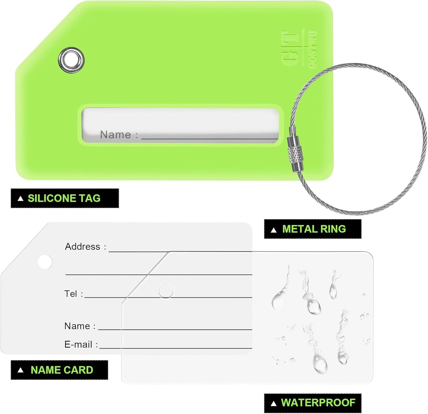 Gostwo 2 Pack Silicone Luggage Tags for Suitcases, 26 Initial Letter Baggage Labels Handbag School Bag Suitcase Instrument Tag with Stainless Steel Loop(Green)(Letter T)