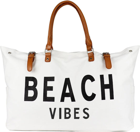 Beach Bag with Vegan Leather Handle, Extra Large Beach Bag for Women Waterproof Sandproof, White
