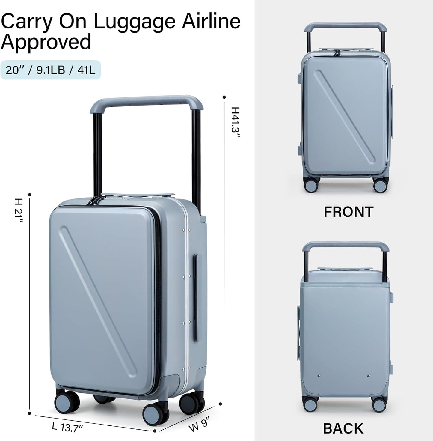 MILADA Wide Handle Carry On Luggage with Front Pocket Hardshell 20 Inch Front Opening Luggage with