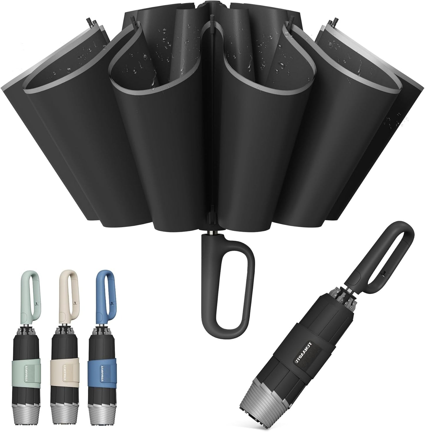 QWB TUMAAOTU Inverted Umbrella with Carabiner Handle, Wind Proof Umbrellas For Rain and Sun, 46 Inch Portable Reverse Folding UV Umbrella, Car Umbrella for Women Men, 10 Ribs