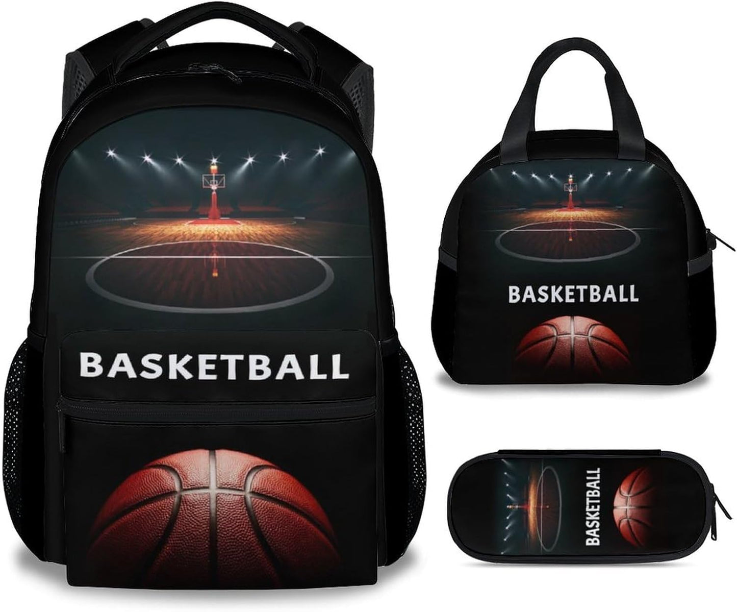 Mercuryelf Basketball Backpack with Lunch Box And Pencil Case, Elementary Kindergarten School Preschool Bookbag for Boys Girls Kids, Set of 3
