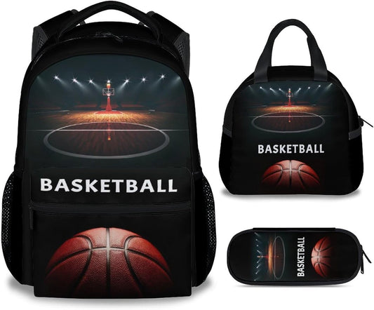 Mercuryelf Basketball Backpack with Lunch Box And Pencil Case, Elementary Kindergarten School Preschool Bookbag for Boys Girls Kids, Set of 3