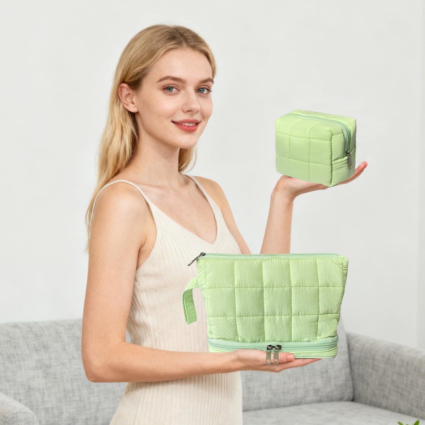 Green Puffy Puffer Makeup Bag for Purse Small Makeup Pouch Quilted Cosmetic Bag Cute Cotton Toiletry Pouch Bag for Women