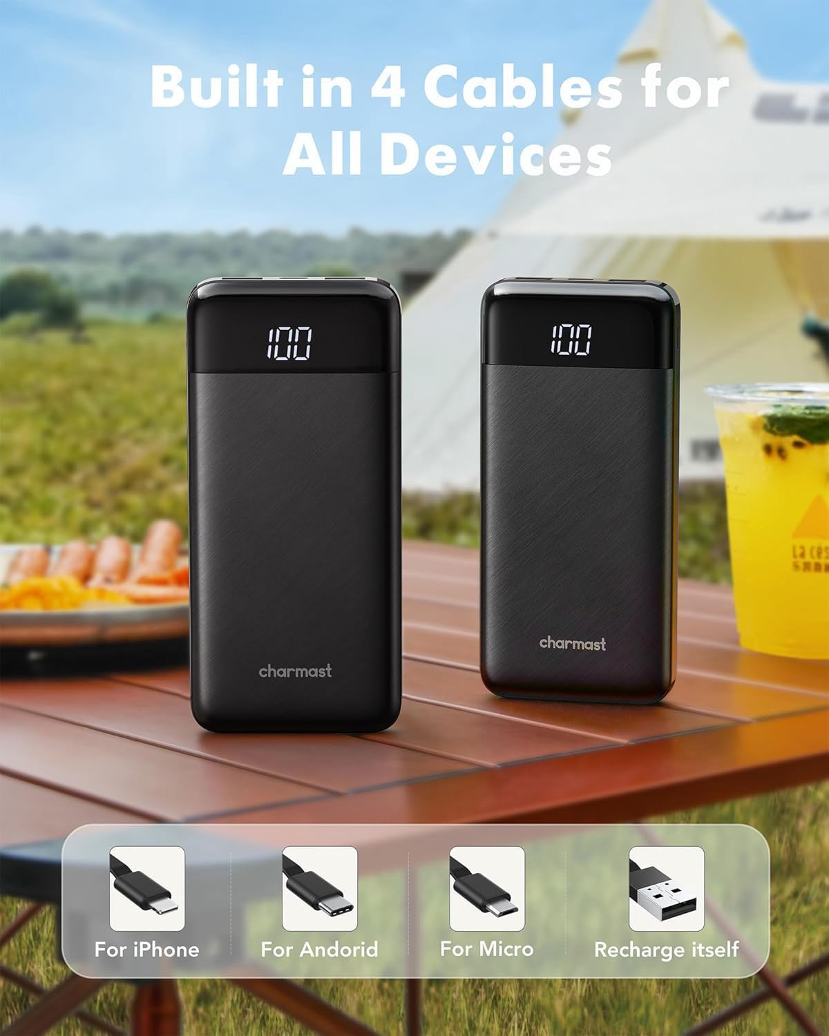 charmast Portable Charger Power Bank with Reinforced Built-in 4 Cables