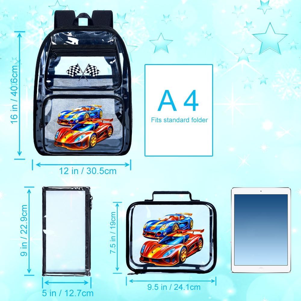 3PCS Kids Clear Backpack Heavy Duty, Cute Transparent Bookbag with Lunch Box for Boys, Black See Through School Bag - Race Car