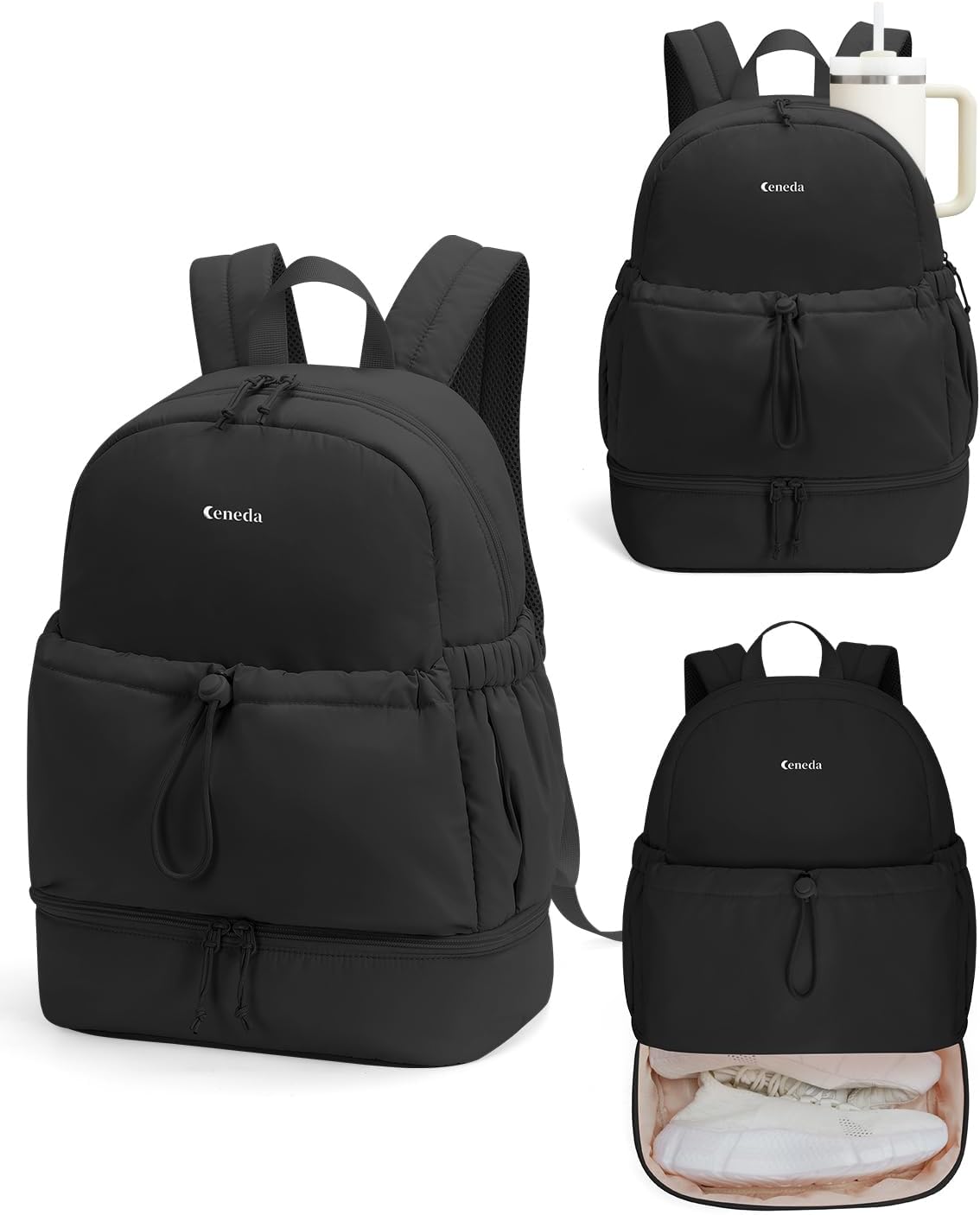 Ceneda Gym Backpack for Women, Lightweight Puffer Backpack with Shoe Compartment, Wet Pocket & Tumbler Strap, Cute Daypack for Fitness, Daily Use & Travel (Black)