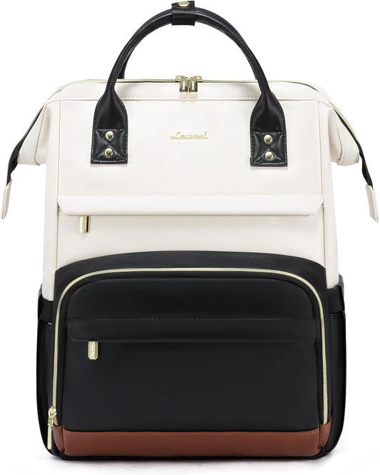 LOVEVOOK Leather Backpacks for Women,15.6 inch Leather Laptop Backpack Women,Professional Work Backpack Nurse College Teacher Bag,Womens Laptop Bag Computer Travel Backpacks,Beige White-Black-Brown