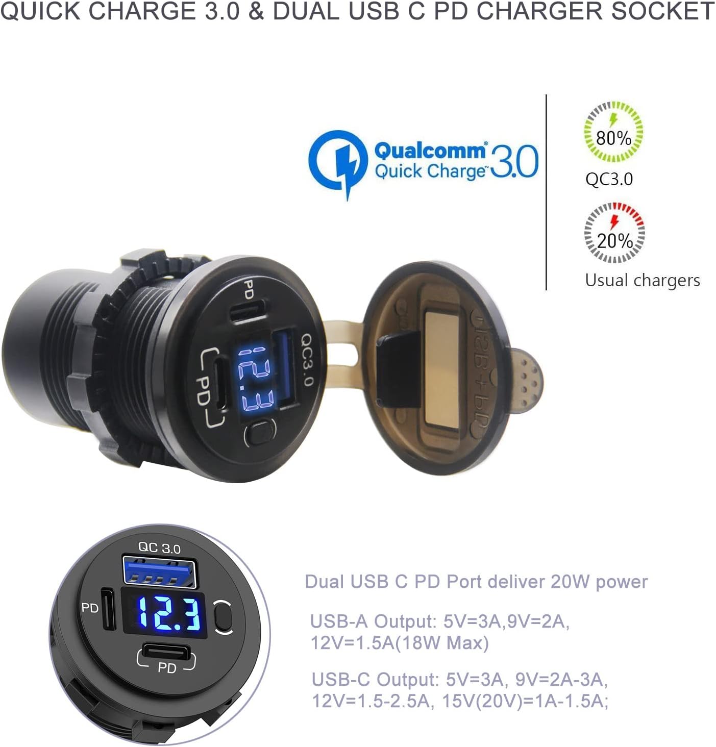 12V USB Outlet, Dual USB C Car Charger Socket & Quick Charge 3.0 Port with Voltmeter and Power Switch for Car Boat Marine Truck