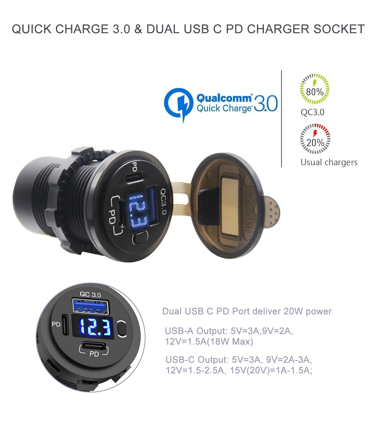 12V USB Outlet, Dual USB C Car Charger Socket & Quick Charge 3.0 Port with Voltmeter and Power Switch for Car Boat Marine Truck 2 Pack