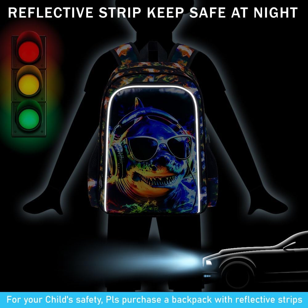 3PCS Boys Shark Backpack, Water Resistant Kids Bookbag with Lunch Box, 17" School Bag Set for Teenagers Middle Elementary - Sunglasses Shark