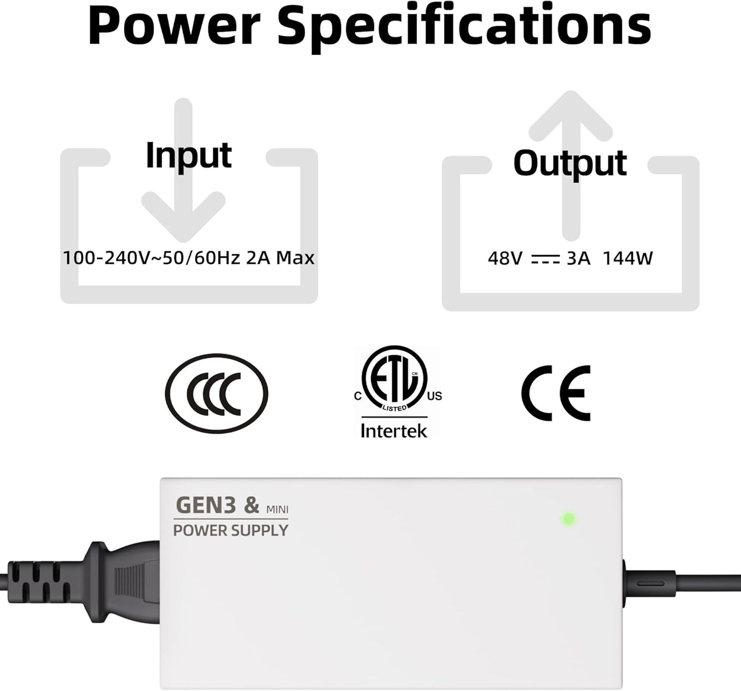 Starlink Gen 3 & Mini Power Supply, AC Charger with Power Cord, 144W Adapter for Gen3 Standard, Starlink Mini, Multi-Protection, 100-240V