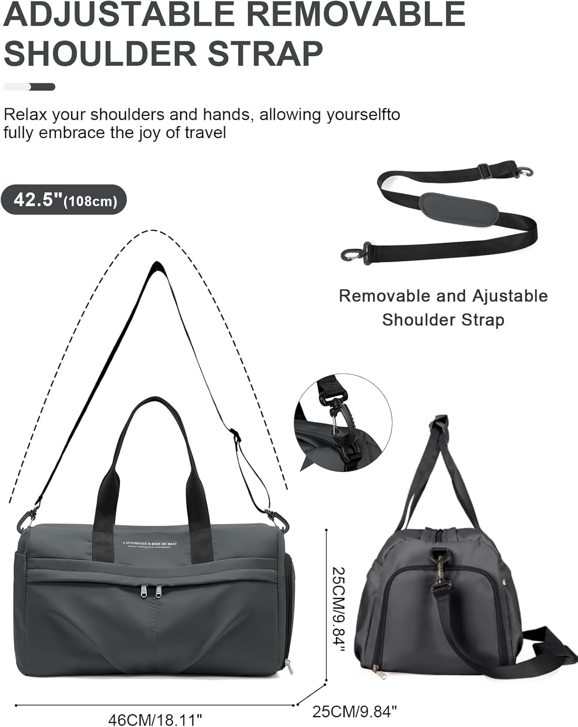 Gym Bag for Women Men with Shoe Compartment, Sport Duffel Bag, Waterproof Travel Weekender Overnight Carry on Bag for Yoga with Trolley Sleeve, Grey