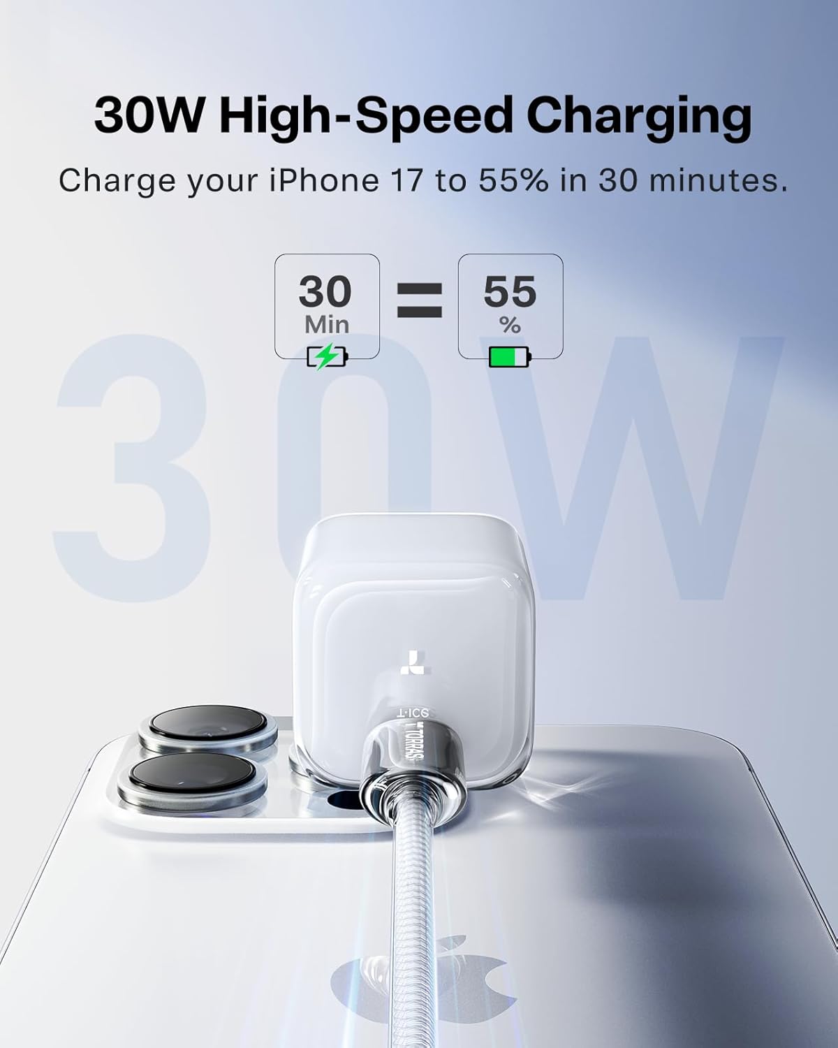 TORRAS IceNano 30W Charger for iPhone USB C [GaN3.0 Tech][PD3.0 Fast Charging][Compatible with MagSafe] Foldable Charger Block for iPhone 16/15 Series, Galaxy, iPad, Glacier White