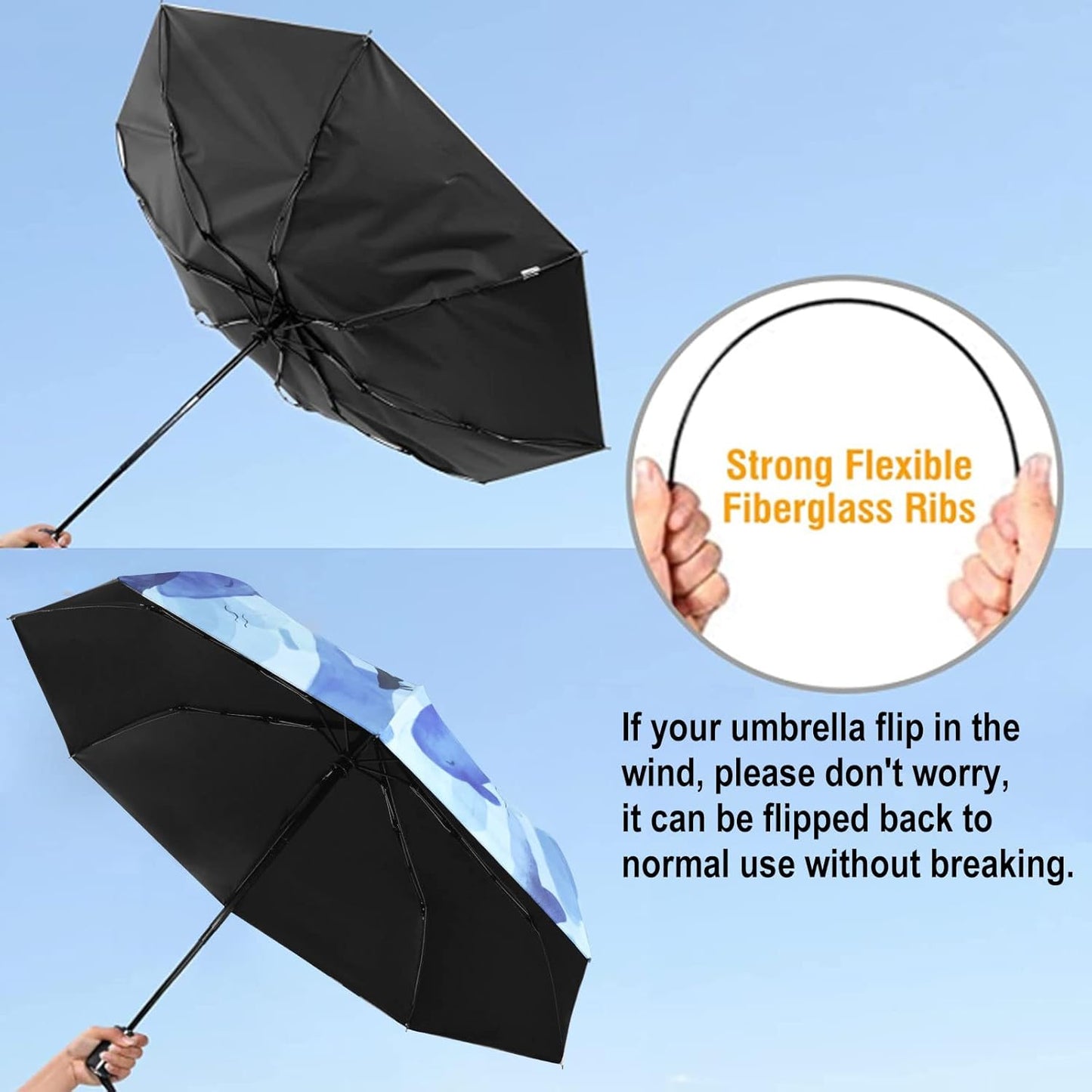 Cuby UV Sun Umbrella Compact Folding Travel Umbrella Auto Open and Close for Windproof, Rainproof & 99.9% UV Protection Parasol with Black Anti-UV Coating (Blue Whale)