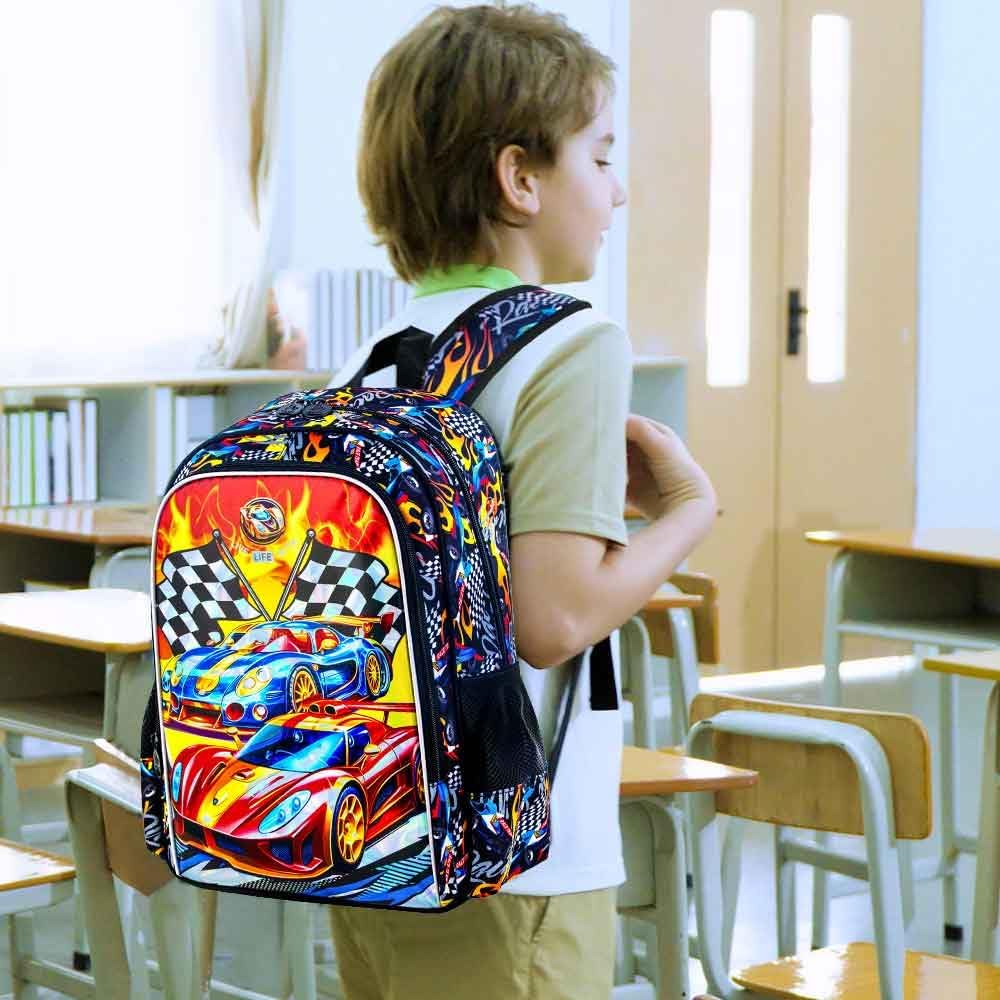 3PCS Car Backpack for Boys, Water Resistant Kids Bookbag Set with Lunch Box, Cute School Bag for Preschool Toddler