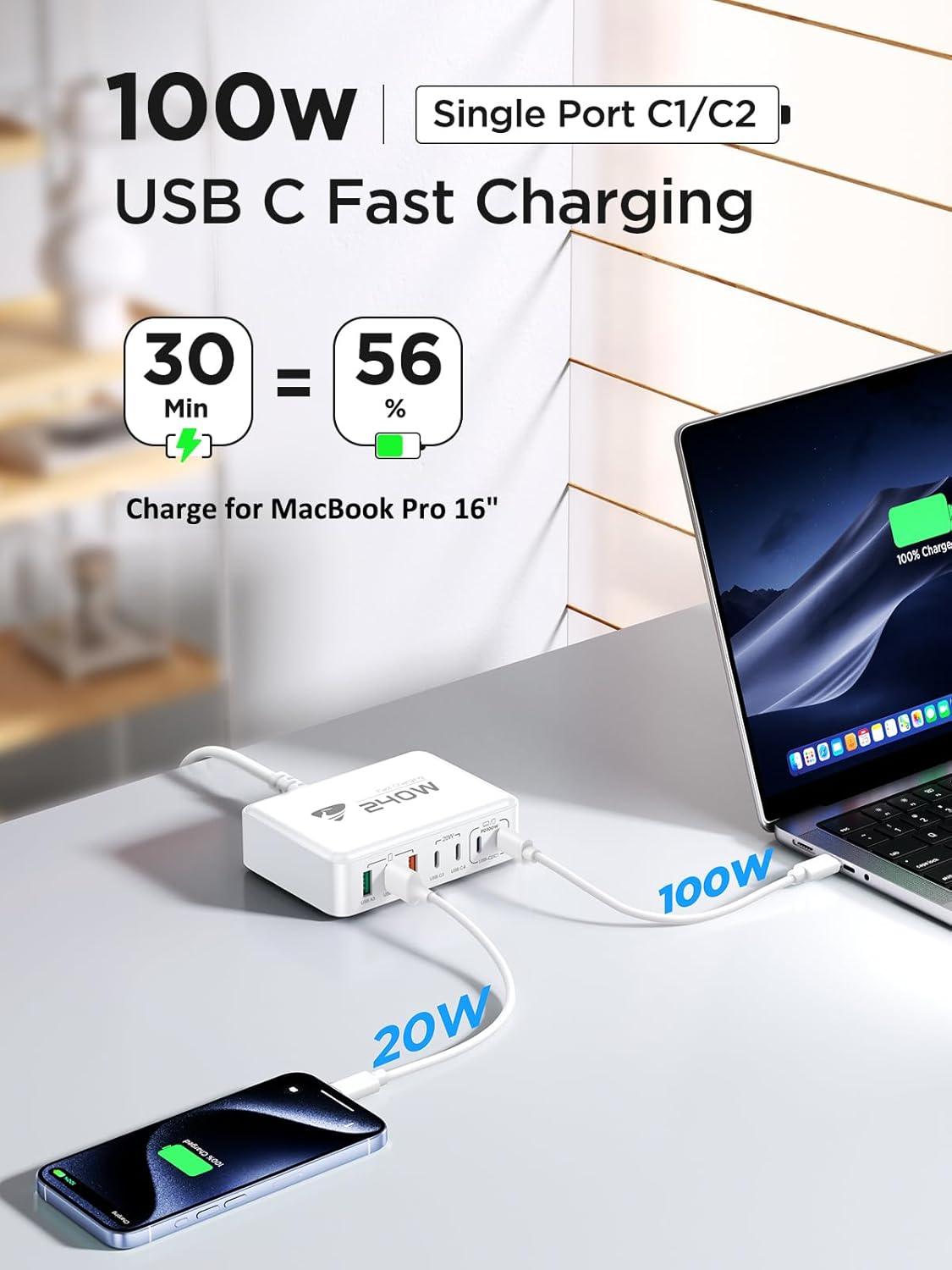 Anker 7-Port GaN USB C Charging Station - 100W Laptop USB C Fast Charger - Compact Wall Charger Adapter for MacBook Pro/Air, iPhone 16/15/14/13, Samsung S24