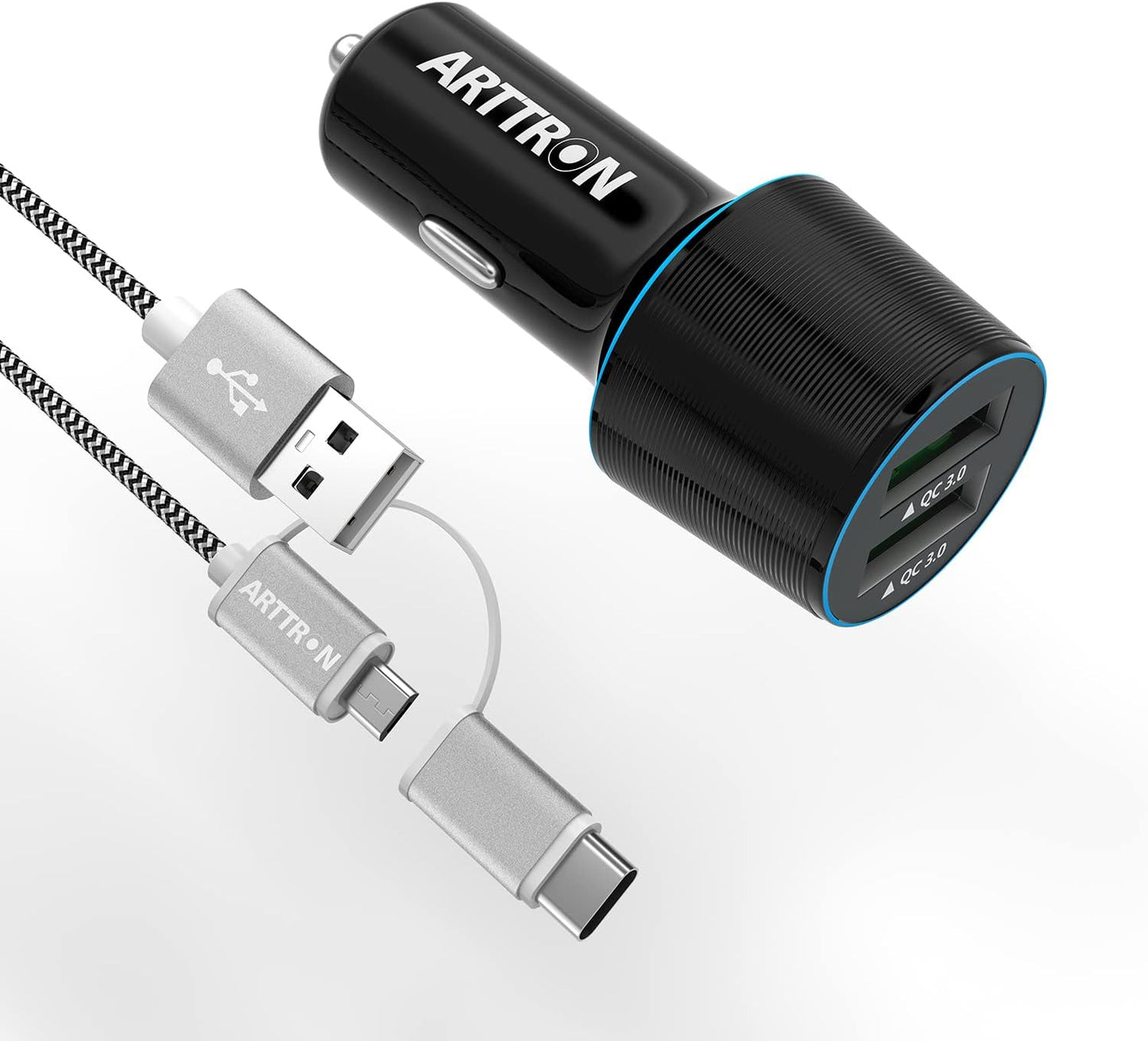 Fast USB Car Charger, Arttron Quick Charge 3.0 24W 4.8A Car Charger Adapter. with 3ft USB Type C &Micro 2 in 1 Fast Charging Cable,for iPhone/Samsung S24/S23/S22/S22+/Ultra/S21/Note 9/S10/