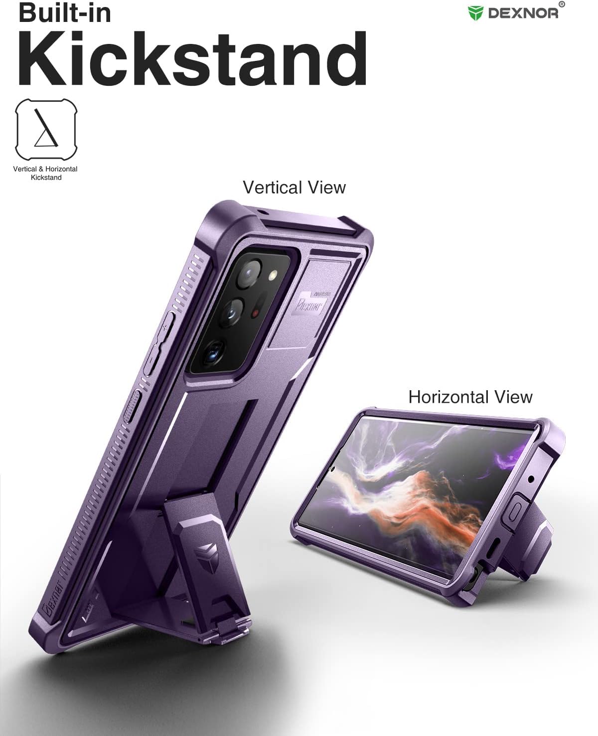 Dexnor for Samsung Galaxy Note 20 Ultra 5G Case, [Built in Screen Protector and Kickstand] Heavy Duty Military Grade Protection Shockproof Protective Cover for Samsung Galaxy Note 20 Ultra Purple