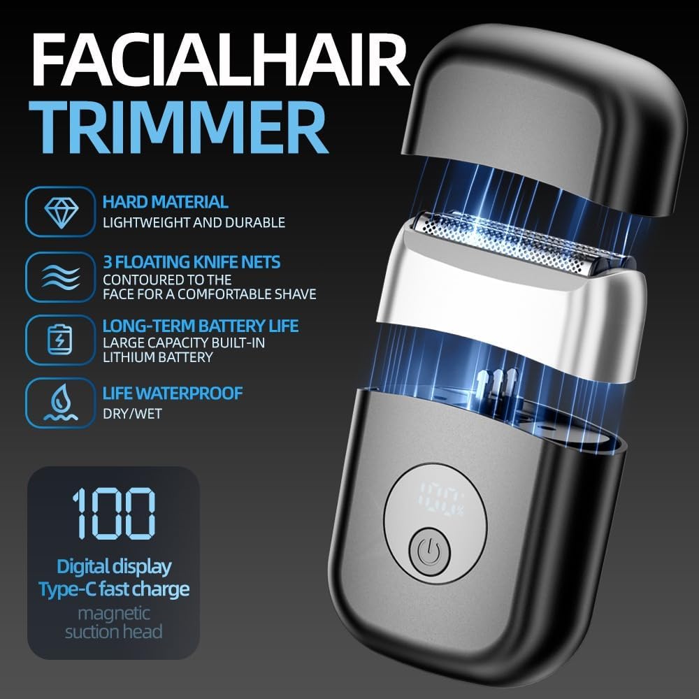 Electric Foil Shavers for Men, New Mini Electric Razor with 3 Floating Blades, LED Display, USB-C Fast Rechargeable, Travel Portable Beard Trimmer for Men, Gifts for Dad Him (Black)