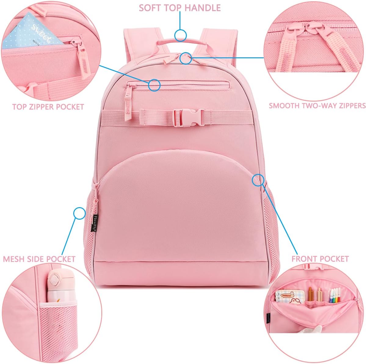 FlowFly Kids Backpack for Toddler Boys Girls, Simple Lightweight Bookbag for Daycare Kindergarten Elementary School Travel, Small Modern Bag (Large), Pink