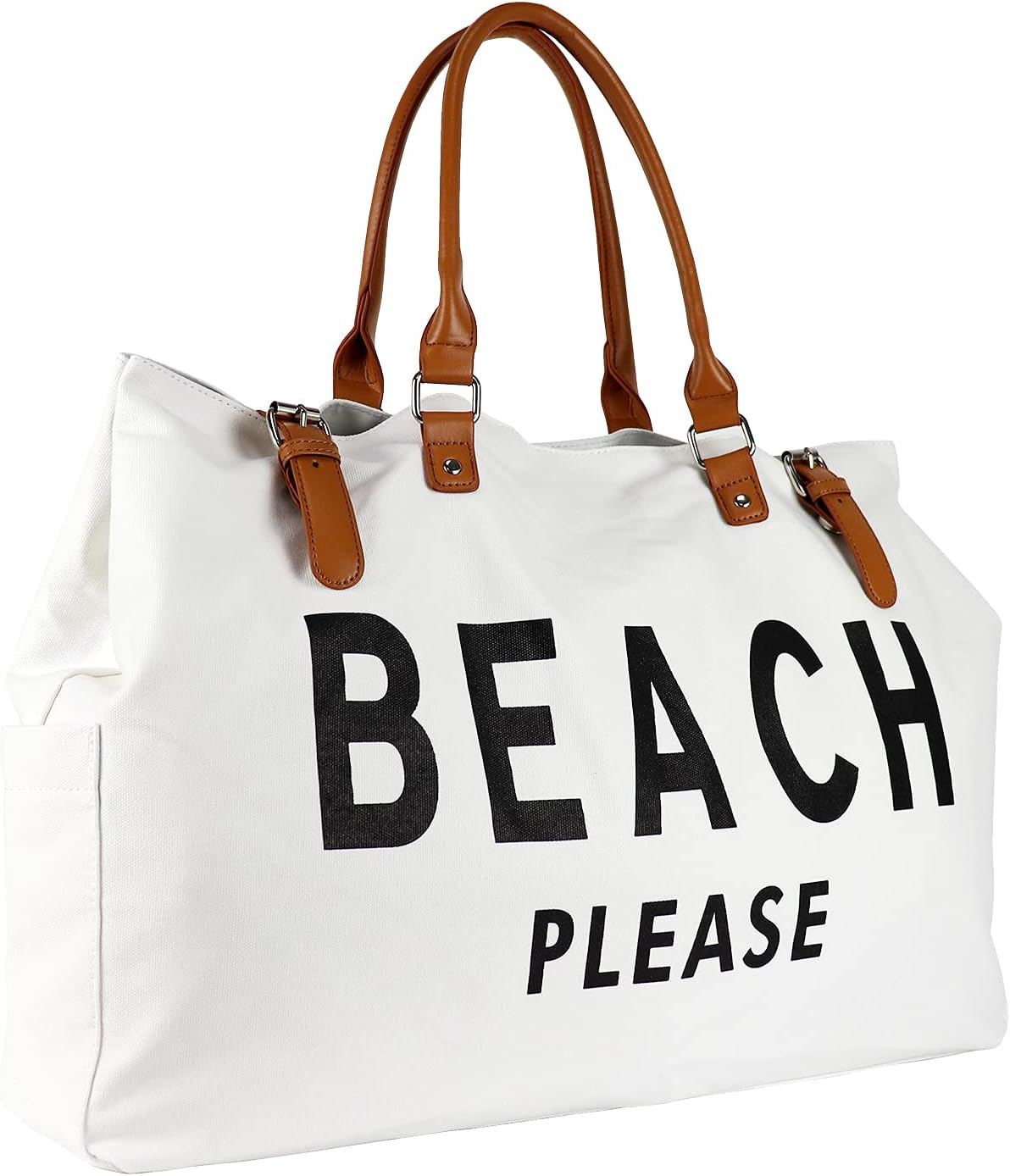 Beach Bag with Vegan Leather Handle, Extra Large Beach Bag for Women Waterproof Sandproof, White