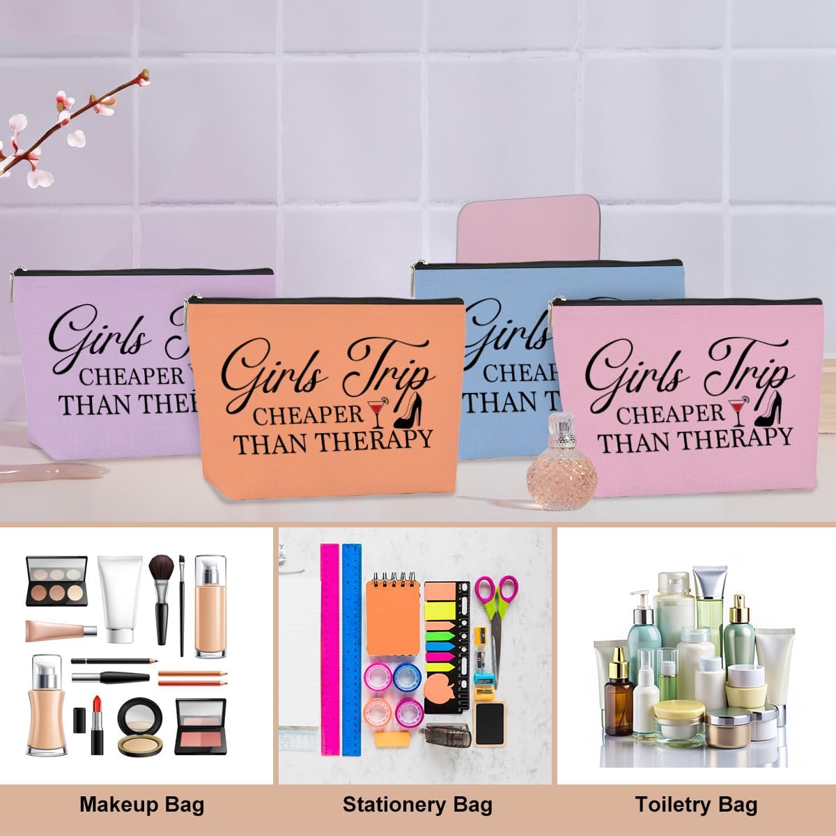 4 PCS Girls Weekend Gifts Girls Trip Gifts Favors Girls Trip Makeup Bag Girls Trip Bag for Women Girls Weekend Gifts Ideas for Sister Weekender Bag for Women Cosmetic Bag Holiday Vacation Christmas