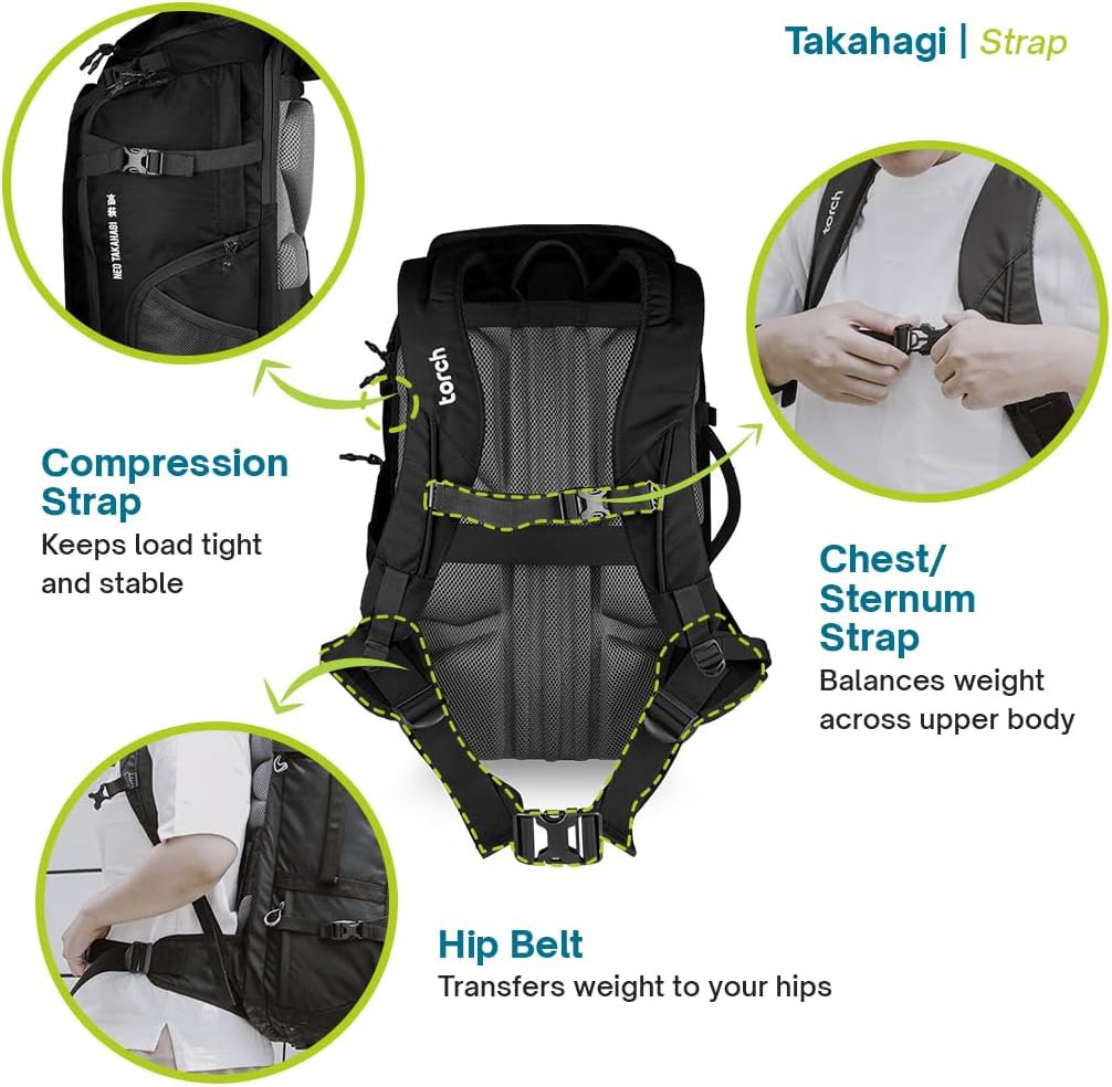 torch Travel Backpack 40L – TSA Friendly Flight Approved, Carry-On Waterproof Hiking Daypack with Rain Cover – Lightweight Rucksack for Camping, Trekking, Outdoor Adventures – Takahagi(Black)