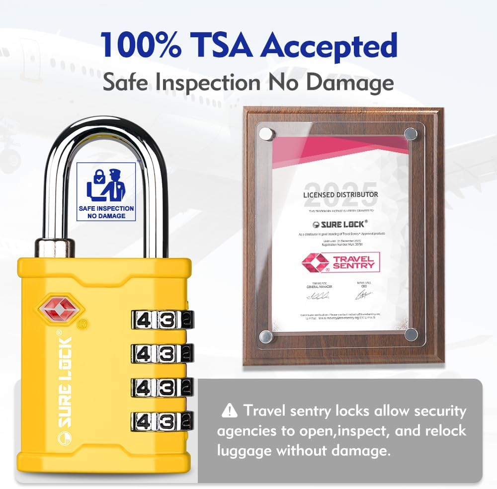 SURE LOCK TSA Accepted 4 Dig Heavy Duty Big Combination Luggage Padlock All Metal Travel Lock for Equipment Hard Case Luggage Gun Case Gym Locker Pelican Vault Lock (2, Yellow)