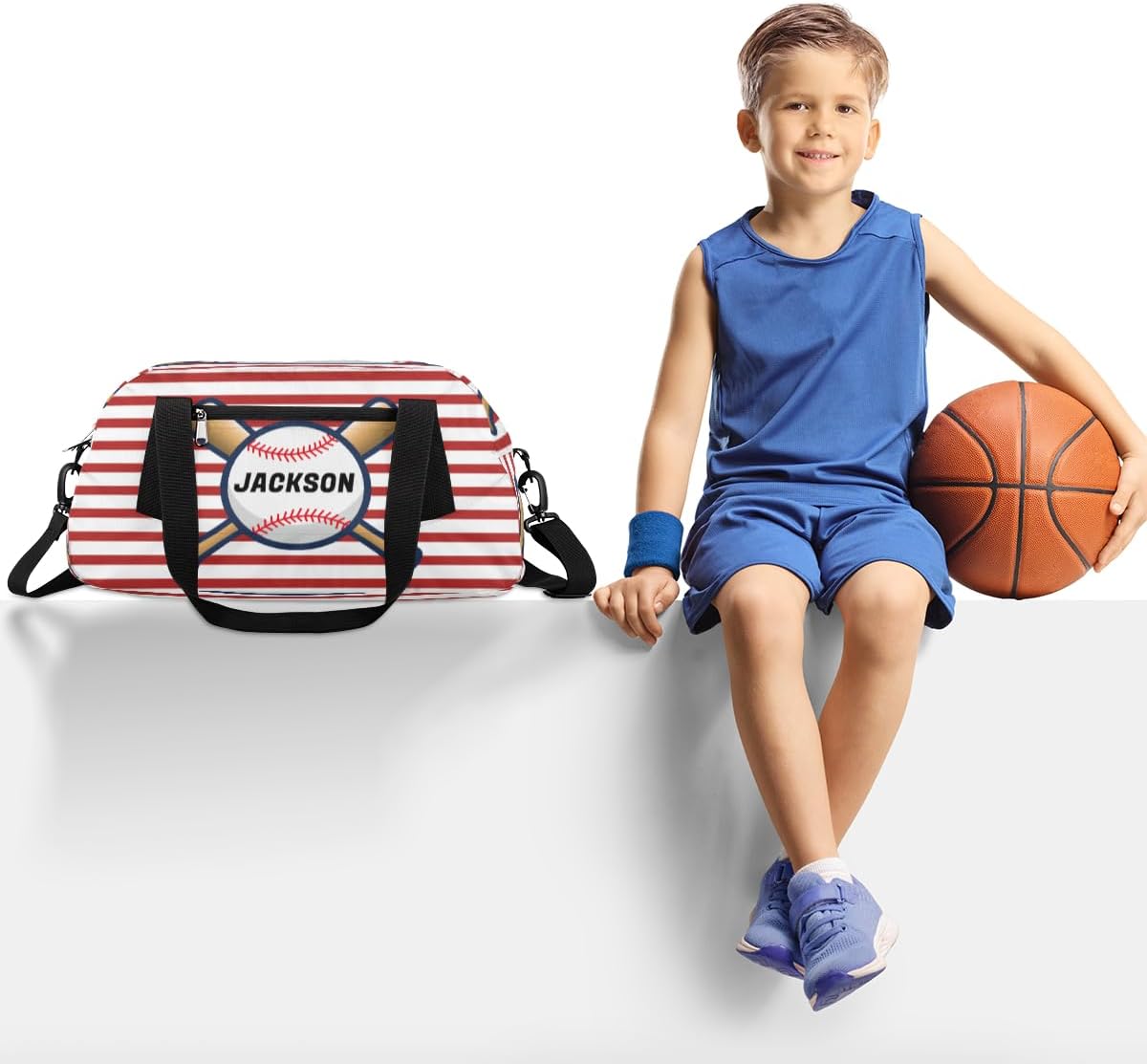Sport Baseball Custom Name Kids Overnight Duffel Bags Boys Red Stripe Personalized Sport Gym Bag Customized Duffel Bag for Travel Weekender Practice Gymnastics