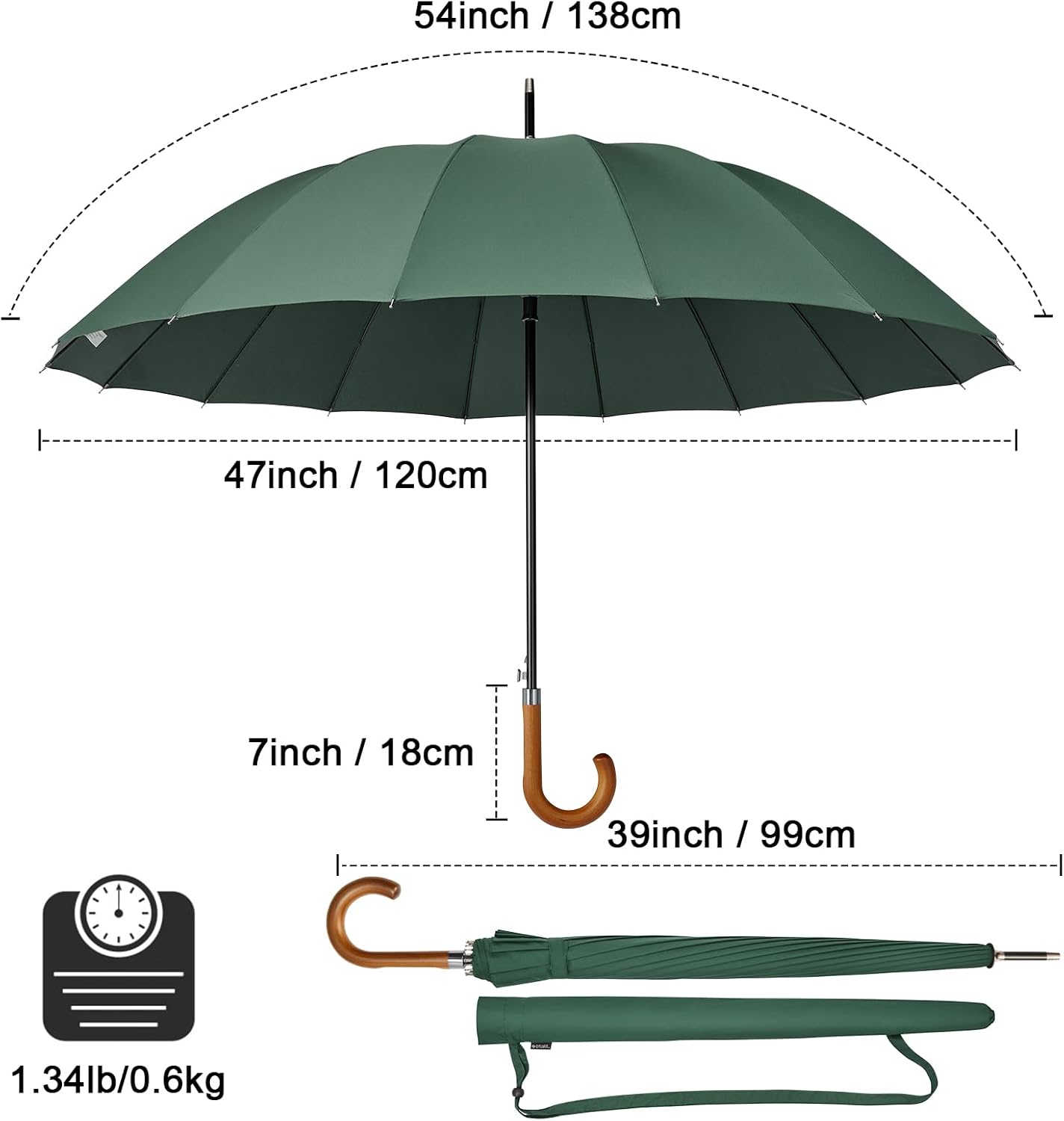 G4Free 54 Inch Large Windproof Umbrella for 2 Persons, 16 Ribs Auto Open Classic Wooden J Handle Cane Stick Golf Rain Umbrellas for Men Women Travel 120cm