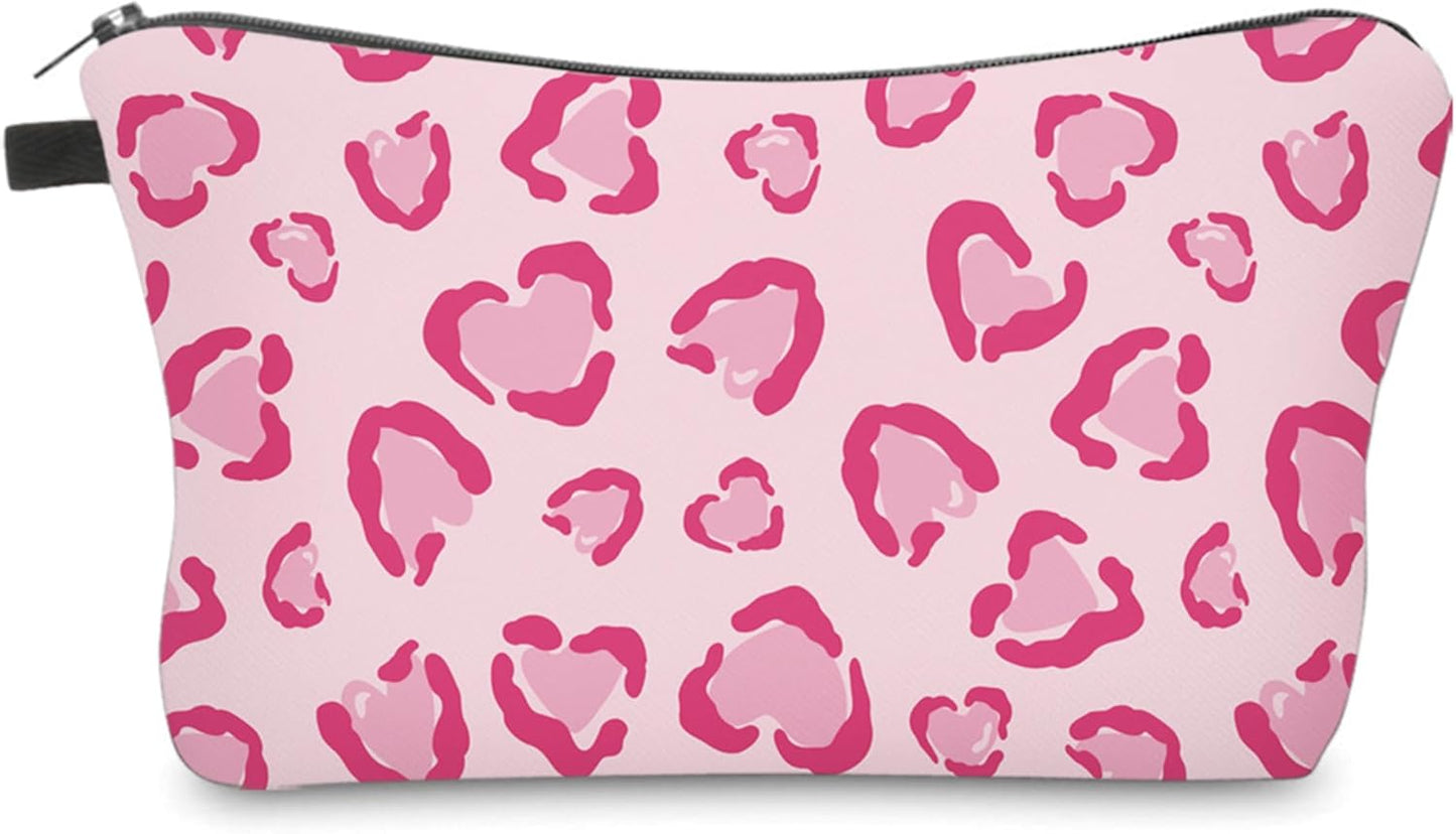 Cute Travel Makeup Bag Cosmetic Bag Small Pouch Gift for Women (Heart Leopard Pink)