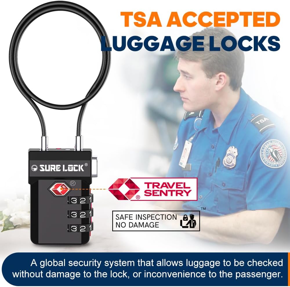 SURE LOCK TSA Approved 3-Digit Combination Luggage Locks – Open Alert Indicator, Re-settable Code with Zinc Alloy Body, Easy-Read Dials for Suitcase, Backpack, Gym Locker & Toolbox (Multiple Colors)