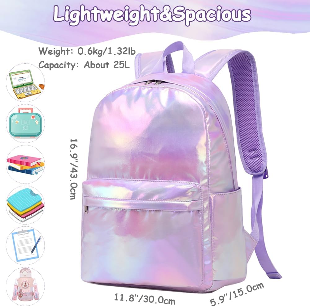 School Backpack for Girls Metallic Purple Girl Backpacks for Kids Elementary Middle School College Teen Girls Casual Daypack Water Resistant