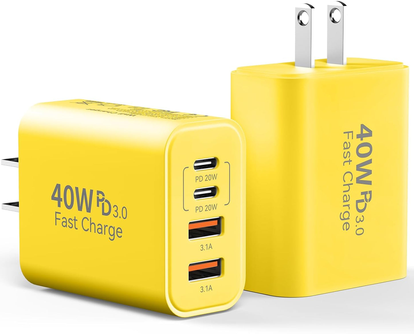 USB C Charger Block, 2-Pack 40W 4-Port Multiple Type C Fast Charging Phone Charger Brick +QC 3.0 USB A Wall Plug Out let Multiport Box Cube for Phone 15/14/13/12/11 Pro Max, Galaxy, Pixel, Yellow