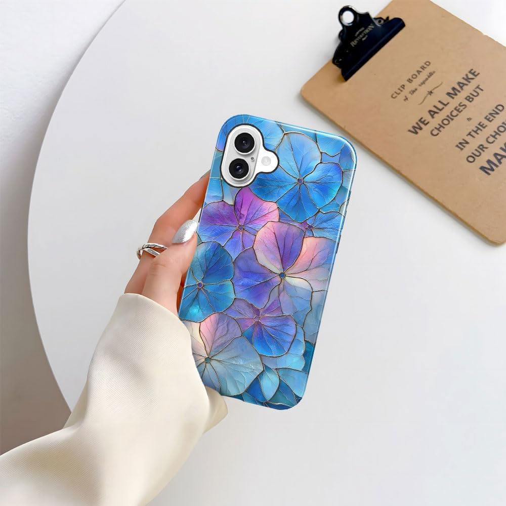 Case for iPhone 16 - Slim Fit Anti-Scratch Phone Case for Girl Women - Blue Hydrangea Floral Stained Glass Aesthetic (Glossy)