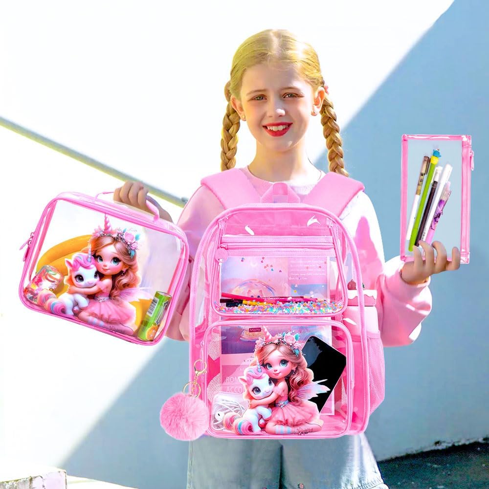 Clear Backpack for Girls and Boys, Kids Transparent Bookbag, 3PCS Cute See Through School Bag for Elementary Prechool