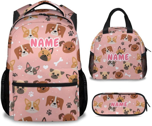 Custom Dog Backpack with Lunch Box, Set of 3 School Backpacks Matching Combo, Cute Pink Bookbag and Pencil Case Bundle