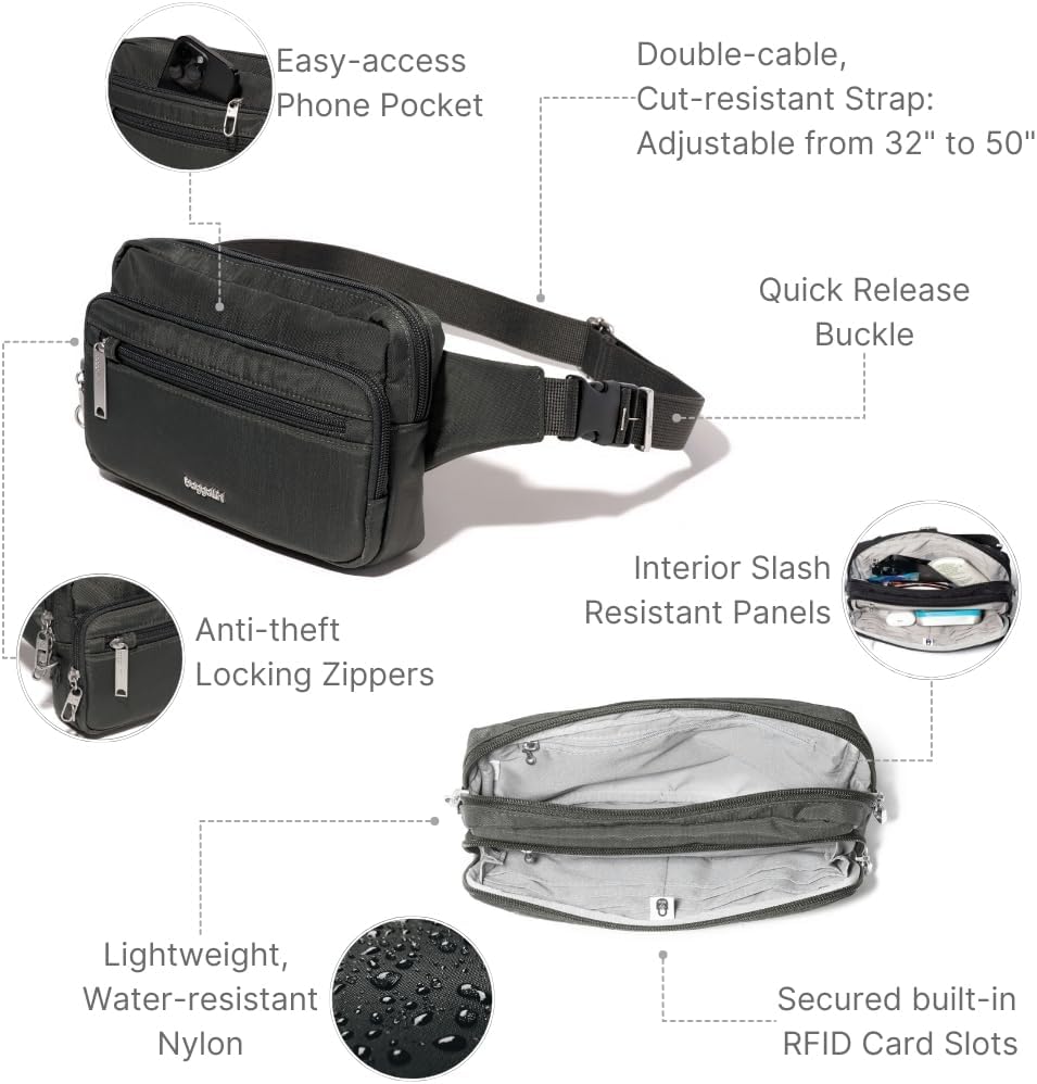 Baggallini Securtex Anti-Theft Belt Fanny Pack for Women RFID Wallet Locking Zipper-Travel Bag Crossbody Purse