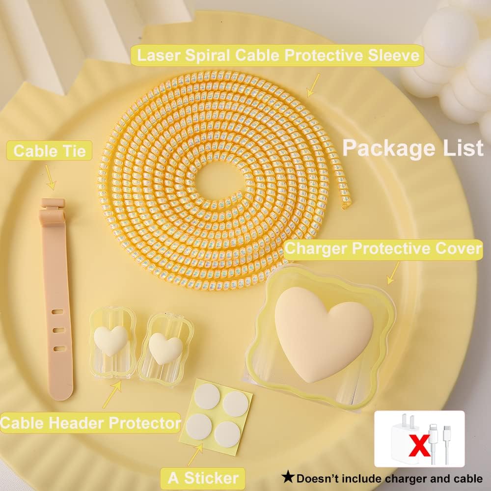 Compatible with iPhone 18W/20W USB-C Charger Cover Lovely 3D Love Heart Waves Clear Soft Charger Protector Cute Cable Saver for iPhone 11 12 13 14 Pro Max Fast Power Adapter, Beige 1 (5in1)