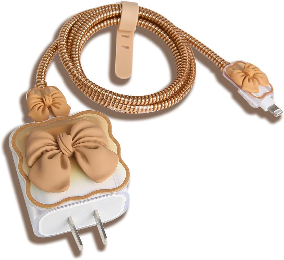 Compatible with iPhone 18W/20W USB-C Charger Cover Cute 3D Bow Tie Design Clear Soft Charger Protector Kawaii Cable Saver for iPhone 11 12 13 14 Pro Max Fast Power Adapter, Brown 2 (5in1)